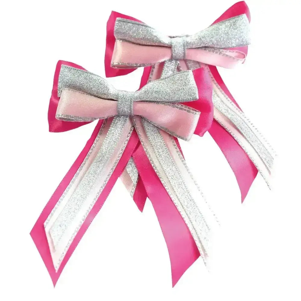 Pink and silver glittery satin ribbon tails showquest piggy bow for a finishing showring touch
