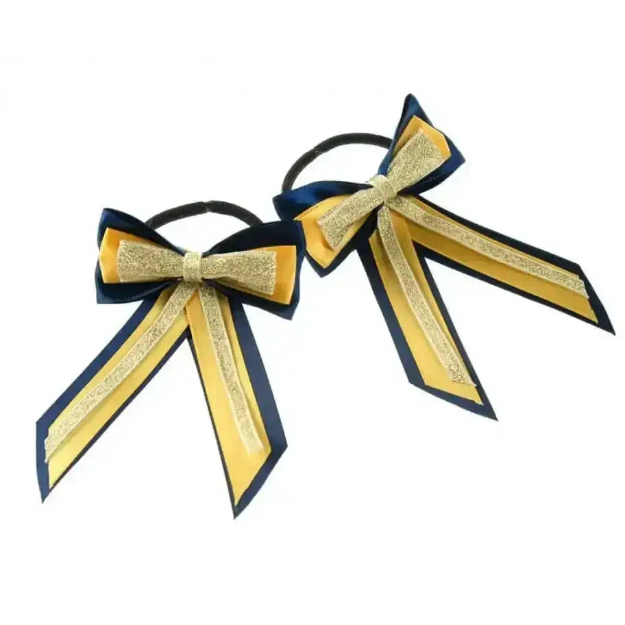 Navy blue and gold glittery ribbon showquest piggy bow cheerleading hair ties for a finishing showring touch