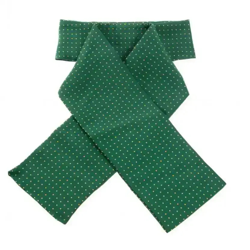 A dark green showquest pin spot ready-tied stock with small white polka dots crafted from smooth glossy fabric