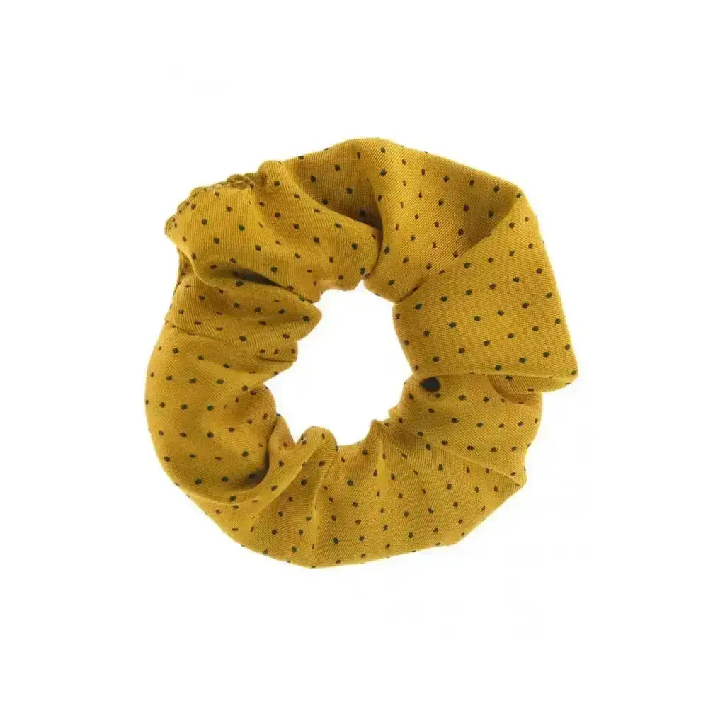 Mustard-yellow showquest pin spot scrunchie with subtle dark brown polka dots jacquard woven scrunchie