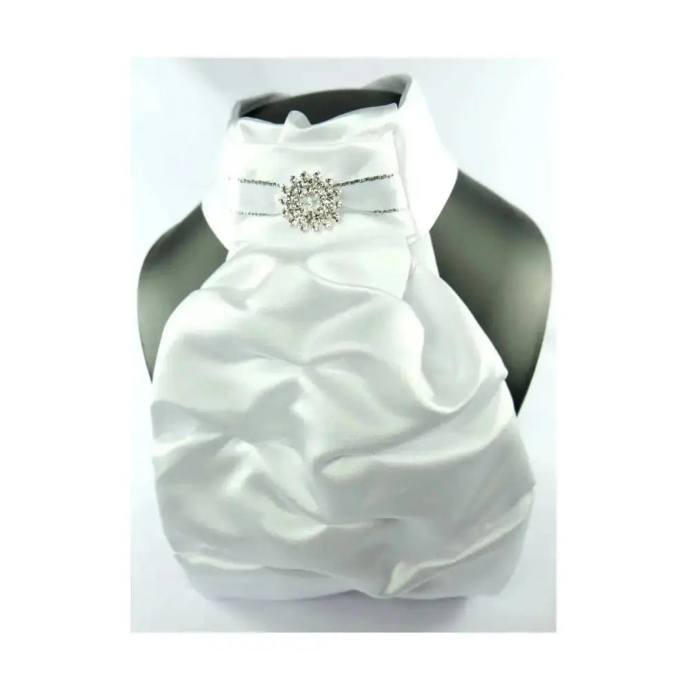 White satin dog coat with sparkling crystal brooch at neckline from showquest regency v ready tied stocks