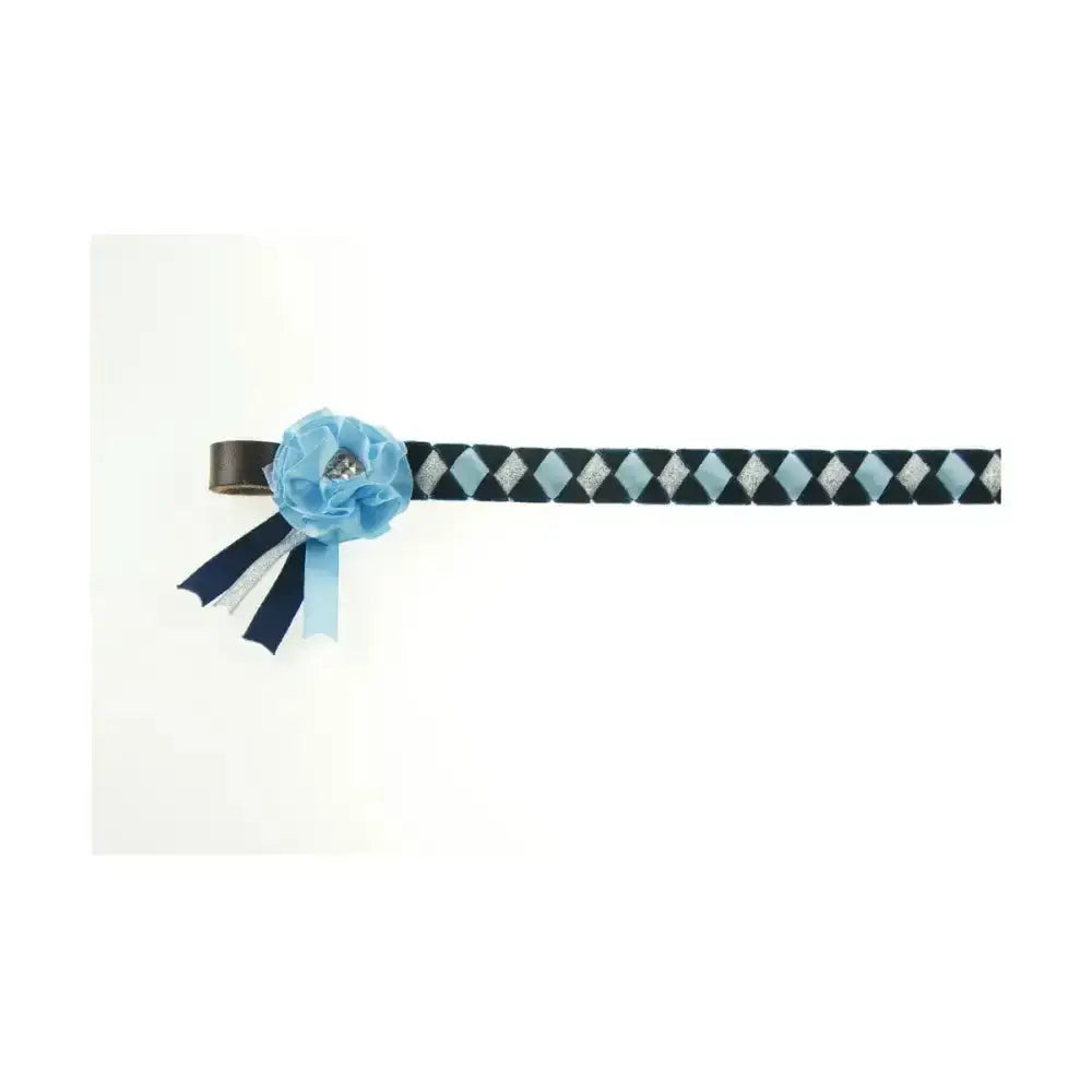 Light blue fabric flower with silver rhinestone center on argyle black and teal skipton brow band by showquest with exquisite rosettes