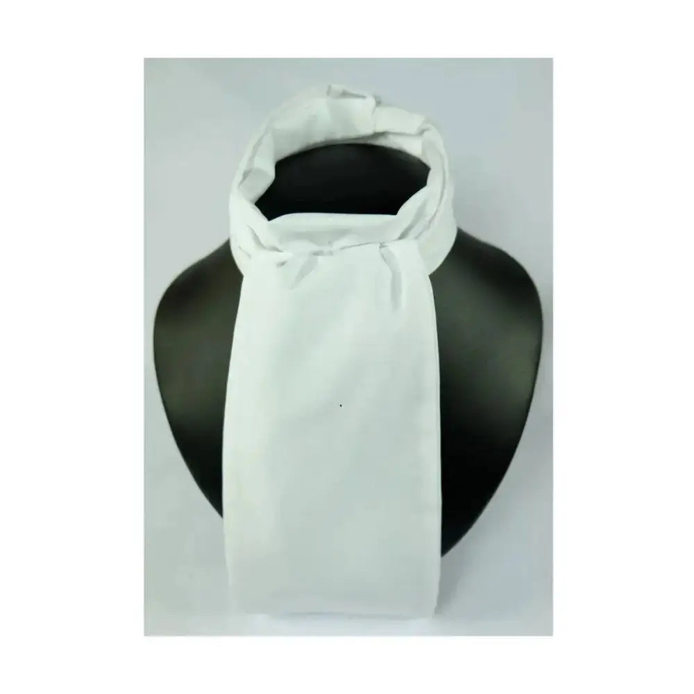 White silk untied classic stock cravat displayed on black mannequin neck by showquest untied classic tie stock made