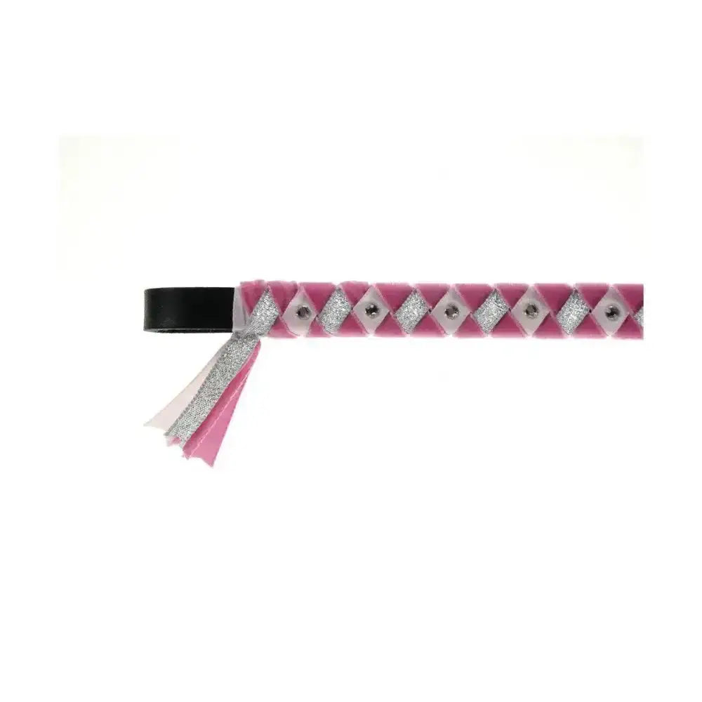 Showquest york brow band with pink and silver diamond pattern horse fly whip black handle and decorative ribbons
