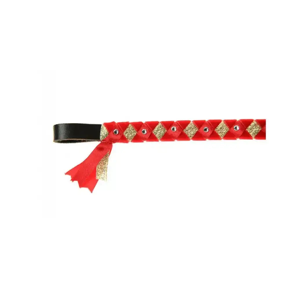 Showquest york brow leather whip with red and gold diamond pattern black handle and red ribbon tie for elegant york brow use