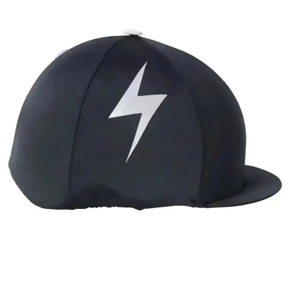 Black silva flash hat cover with bold white lightning bolt emblem from hy equestrian silva flash collection