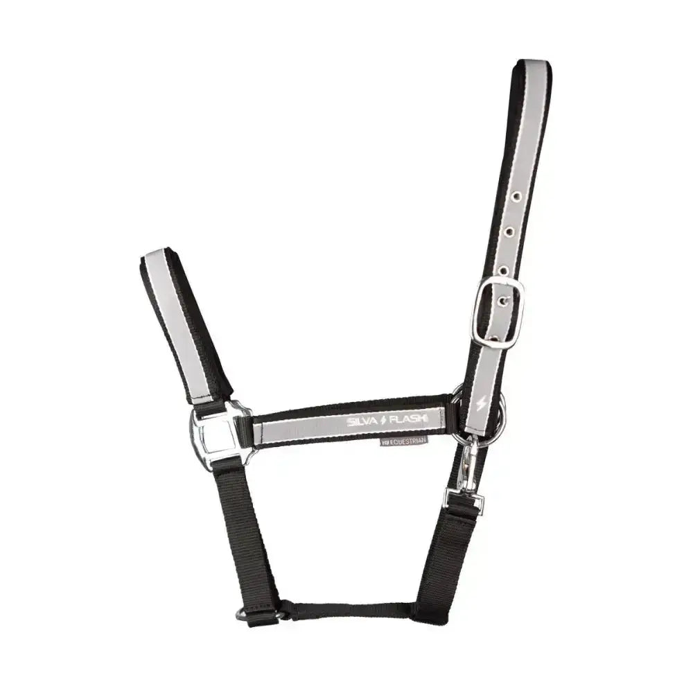 Black and silver silva flash head collar with reflective strips, adjustable straps, and metal buckle by hy equestrian