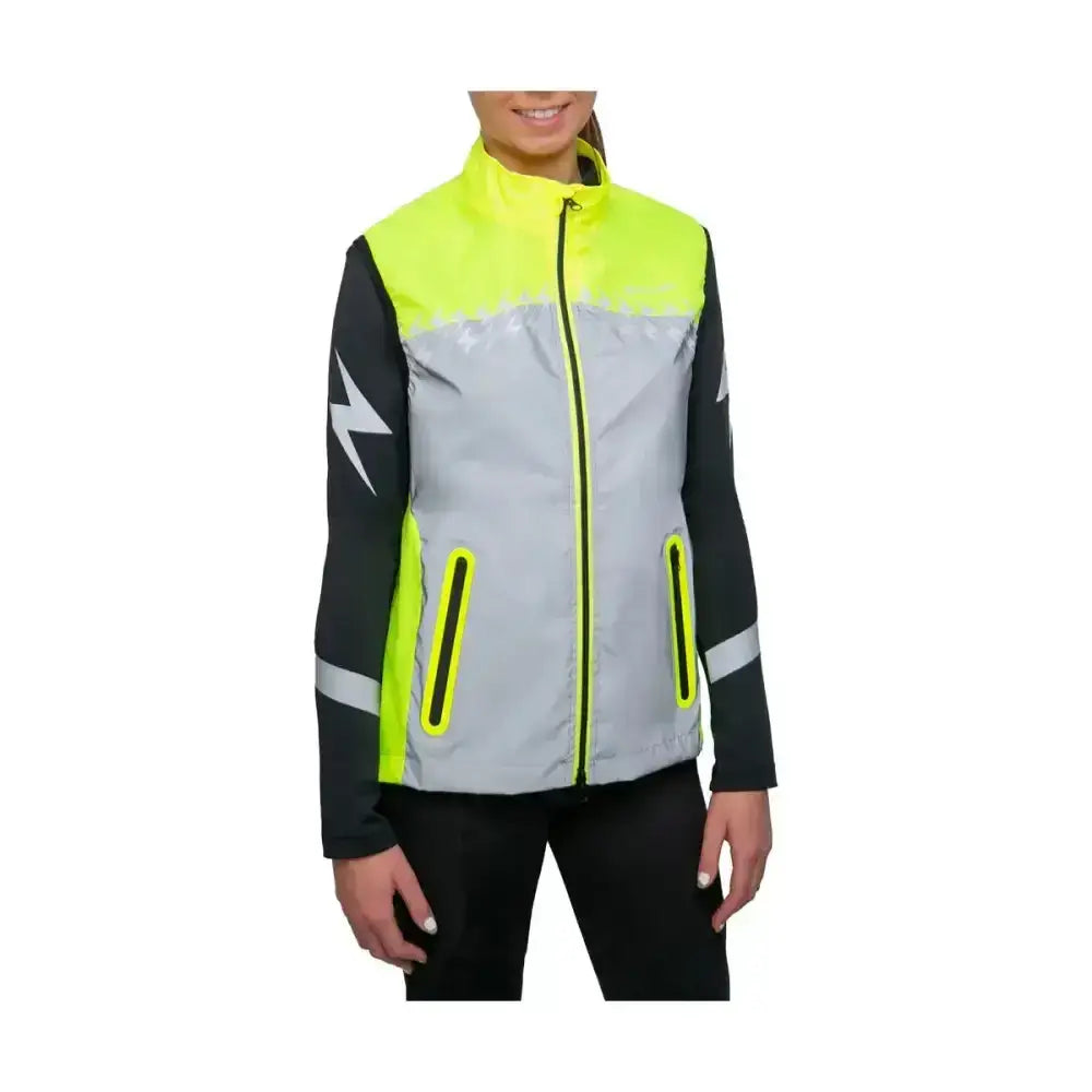 A neon yellow and gray silva flash lightweight duo reflective gilet with black sleeves and a white lightning bolt logo