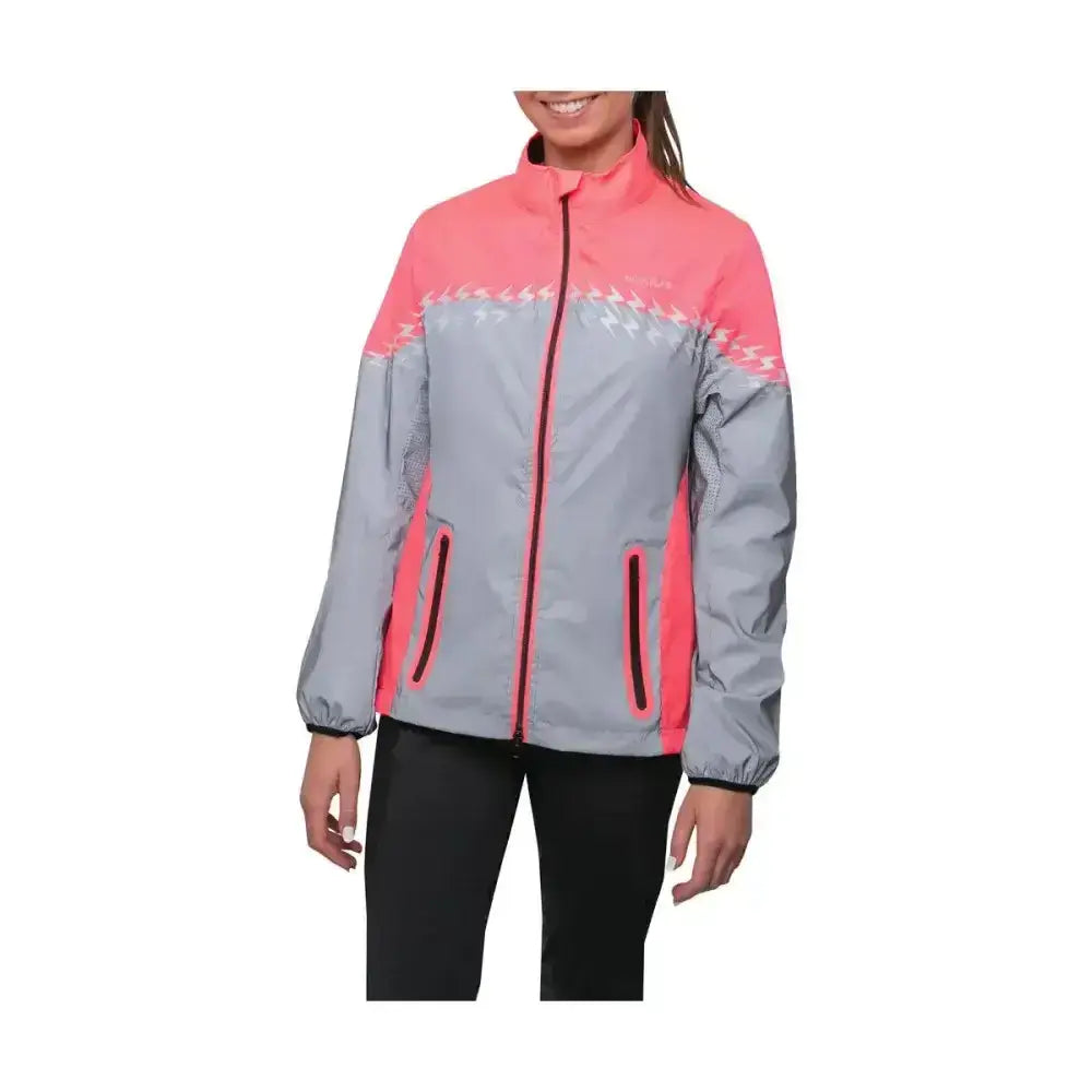 A women’s silva flash lightweight duo reflective jacket in vibrant pink and gray with lightning bolt pattern and zip front