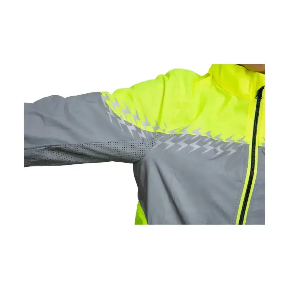Silva flash lightweight duo reflective jacket by hy equestrian in neon yellow and gray with reflective lightning bolts visible from back