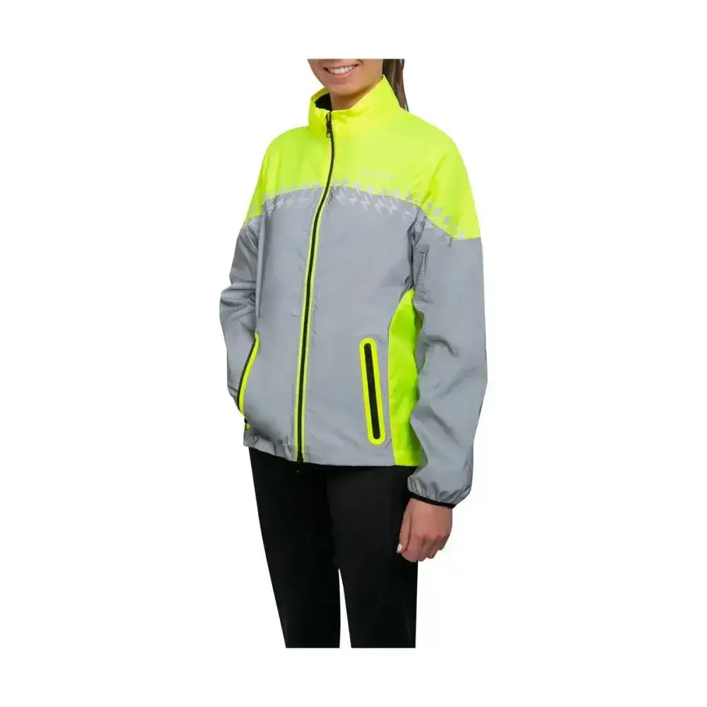 A bright neon yellow and gray silva flash lightweight duo reflective jacket with high collar and zippered pockets by hy equestrian