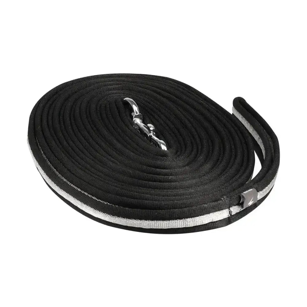 Black woven silva flash lunge rein with silver reflective stripes and a durable metal clasp by hy equestrian