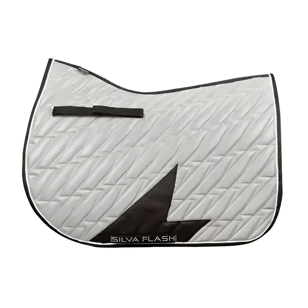 Silver quilted silva flash reflective saddle pad with black trim and bold black lightning bolt logo by hy equestrian