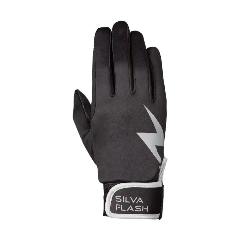 Black silva flash riding gloves with silver lightning bolt logo and white wrist trim shown from the back, wind resistant
