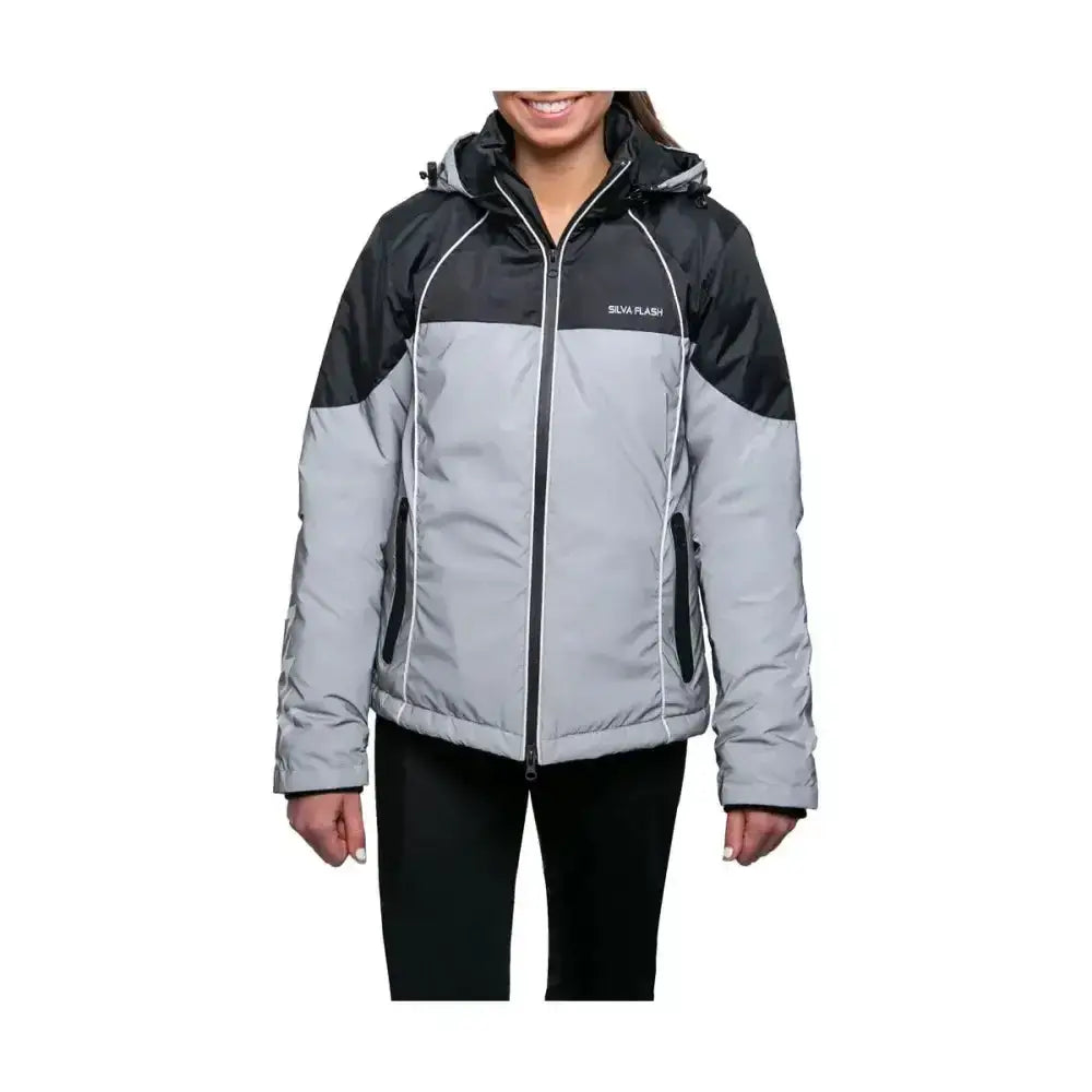 Gray and black silva flash waterproof duo padded jacket with white stitching by hy equestrian for winter wear