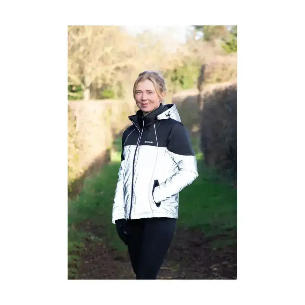 Black and white silva flash waterproof duo padded jacket with hood and silver zippers by hy equestrian