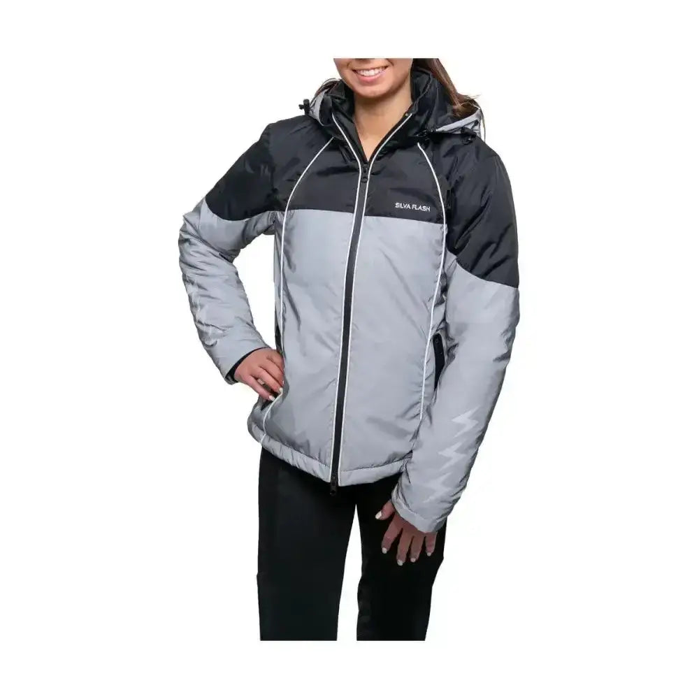 Women’s silva flash waterproof duo padded jacket in black and silver-gray with reflective trim and hood by hy equestrian