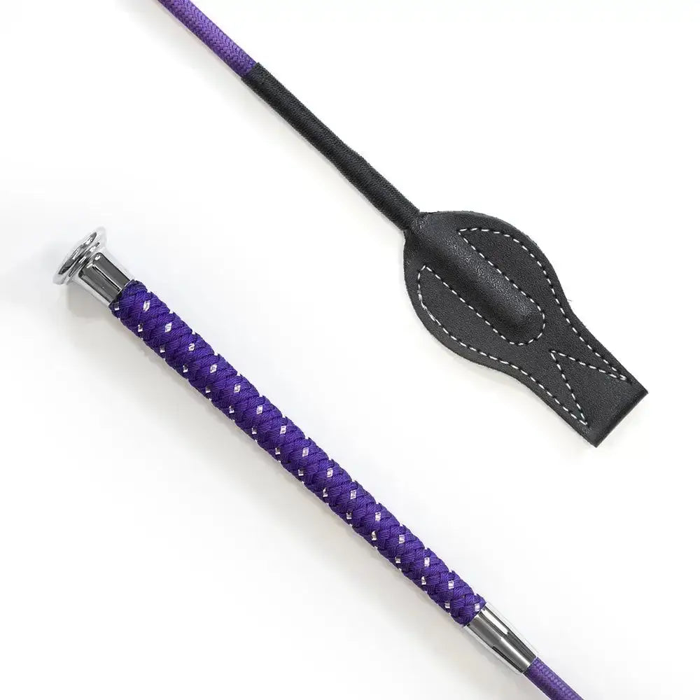 Purple and black braided junior whip with silver ferrule and black leather head perfect for riding use