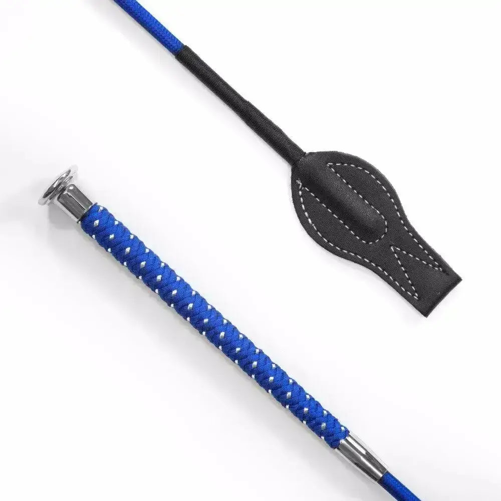 Silver braided junior whip in royal blue with black braid and leather tip perfect for junior whip royal use