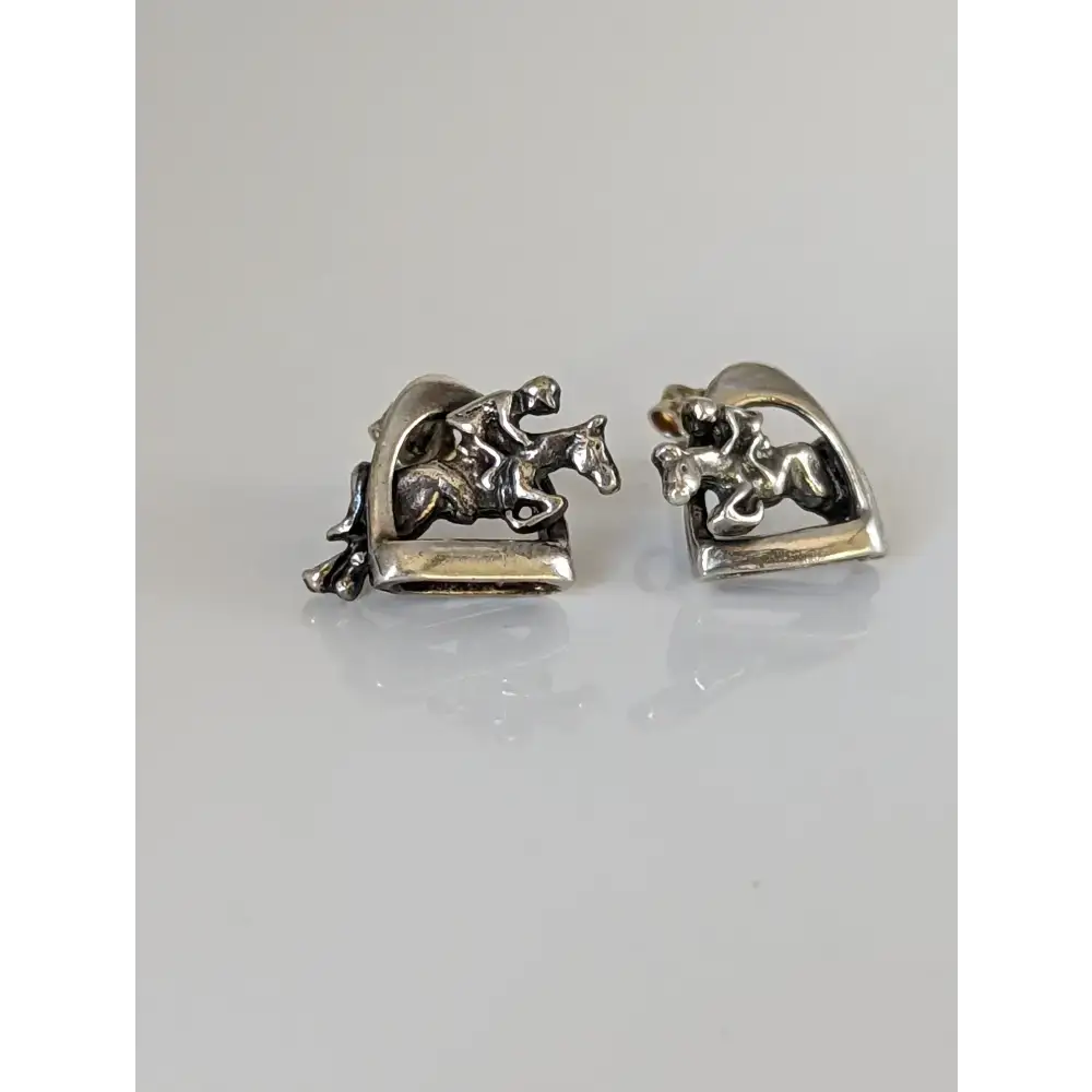 Silver Steed 3D Jump over the Stirrup Stud Earrings Earrings
