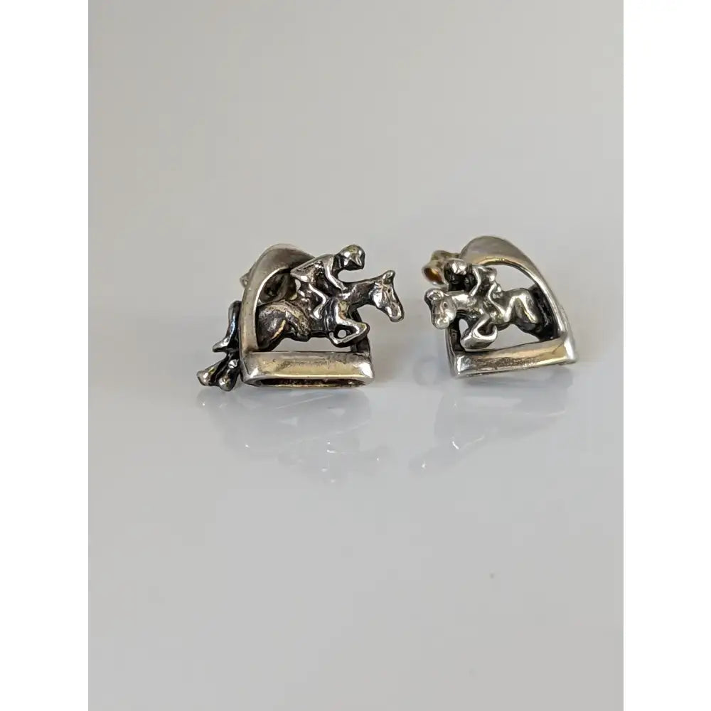 Silver steed stirrup stud earrings with detailed 3d jump horse and rider in polished silver cufflink style