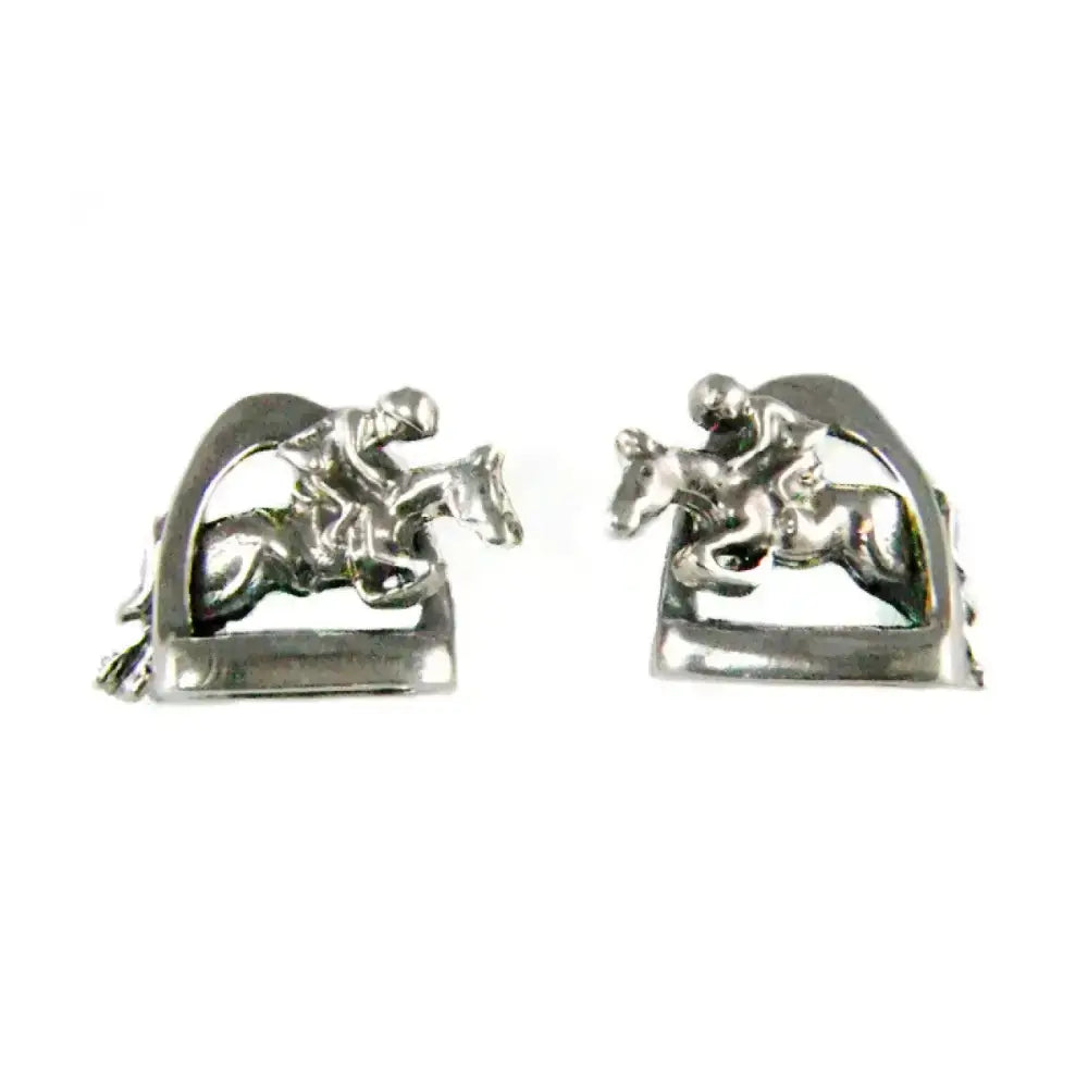 Silver steed stirrup stud earrings with silver metallic horse and jockey figurines in a steed 3d jump pose