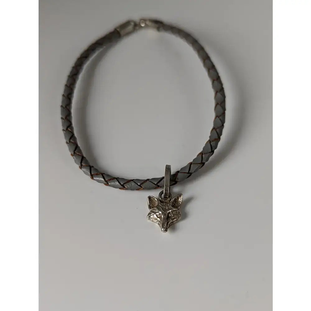Gray braided leather cord bracelet with silver fox head charm from silver steed assorted charms collection
