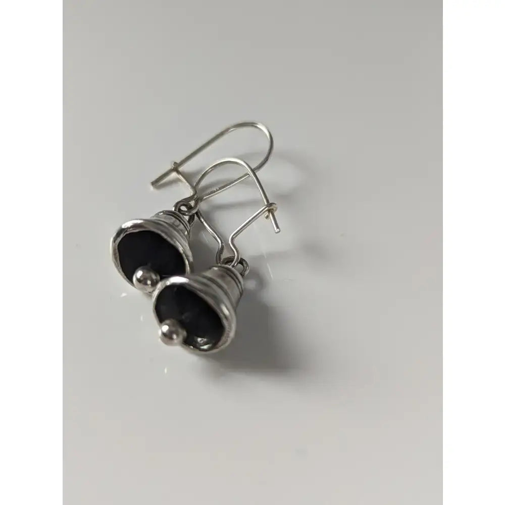 Silver steed bells dropped handmade silver earrings with black inlays and small spherical accents