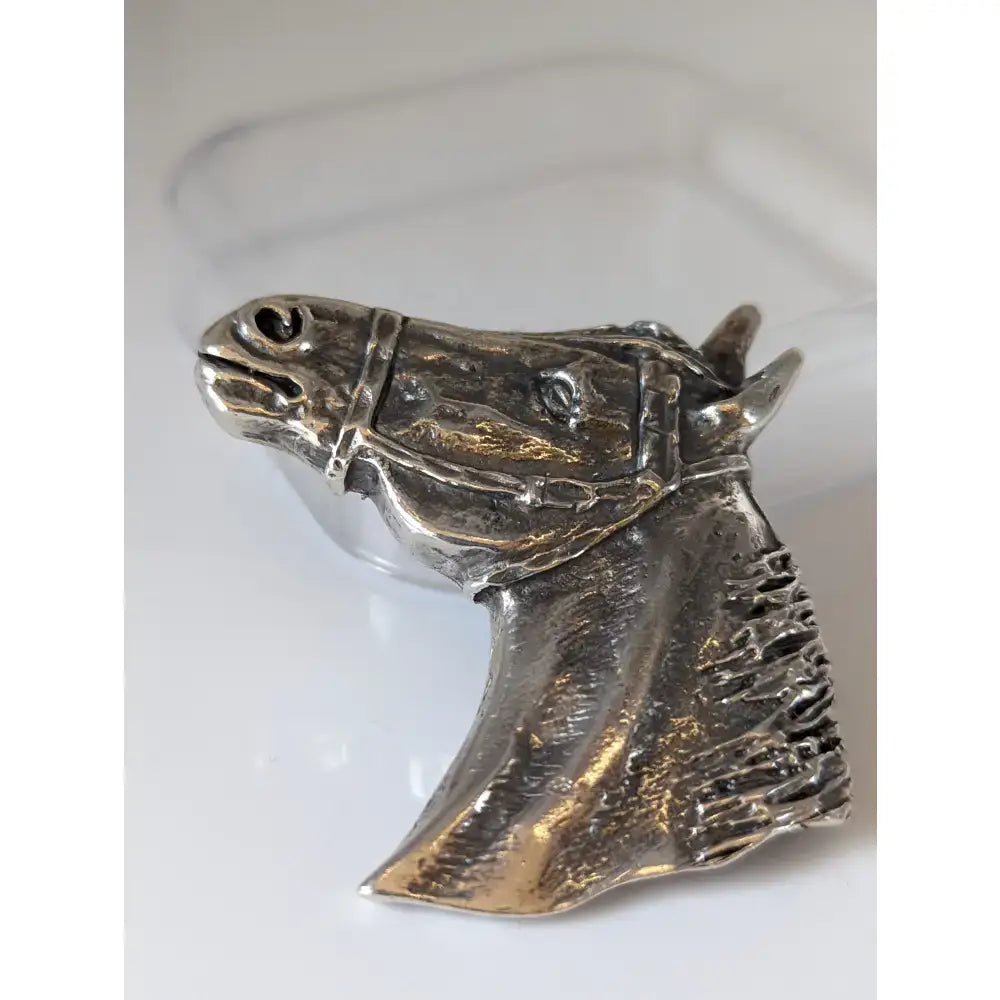 Silver steed big horse head stock tie pin featuring a detailed silver brooch with textured mane and bridle