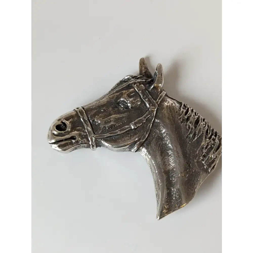 Silver steed big horse head stock tie pin with silver horse head pendant featuring detailed bridle and textured mane