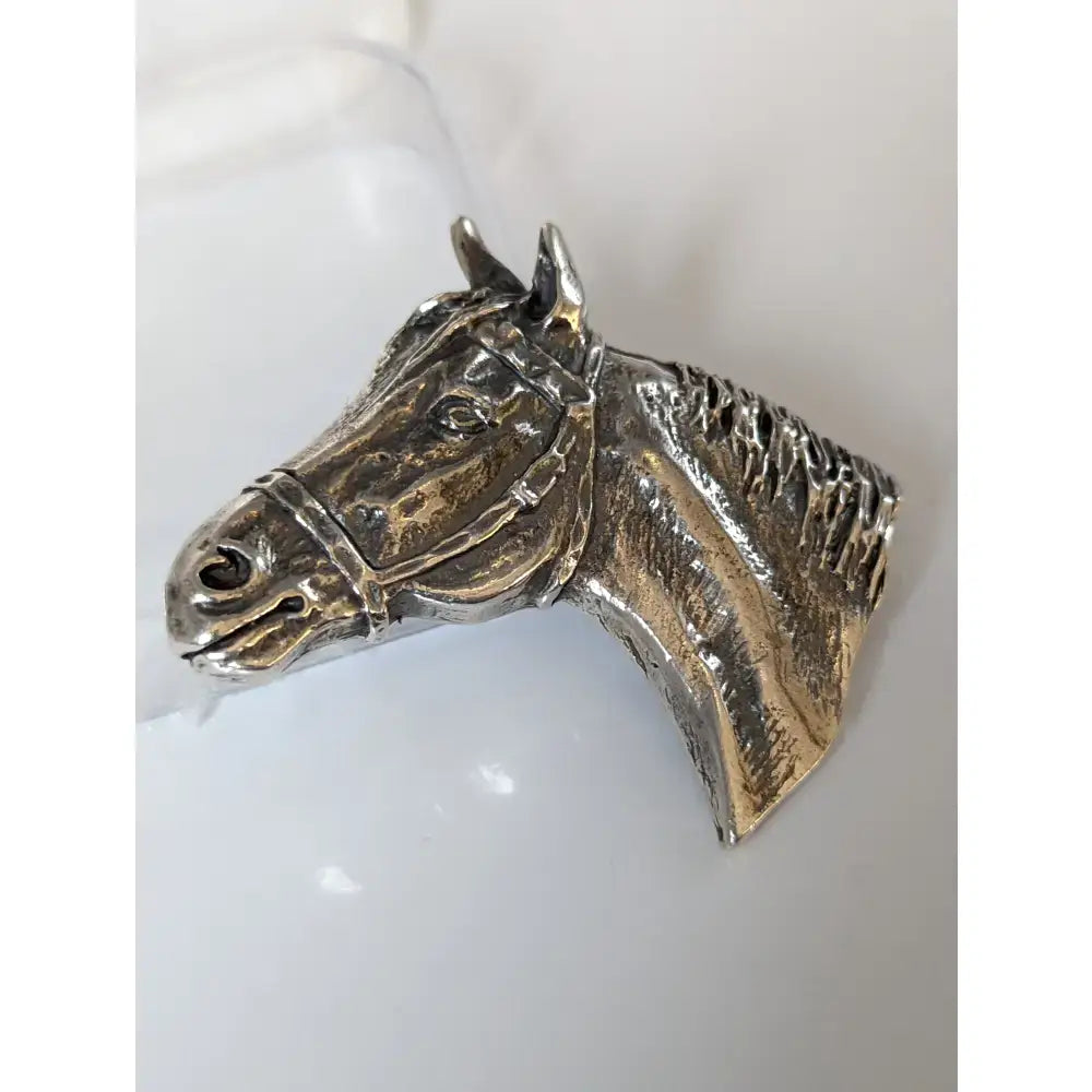 Silver steed big stock tie pin featuring a detailed silver big horse head brooch with textured mane and bridle
