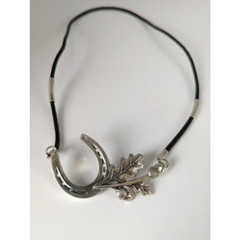 Silver Steed Big Horseshoe With Oak Leaves and Acorns On Cord Necklace Necklaces