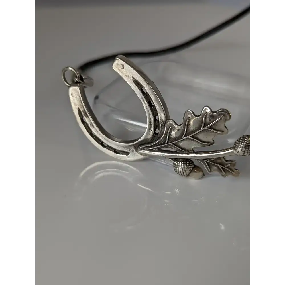 Silver Steed Big Horseshoe With Oak Leaves and Acorns On Cord Necklace Necklaces