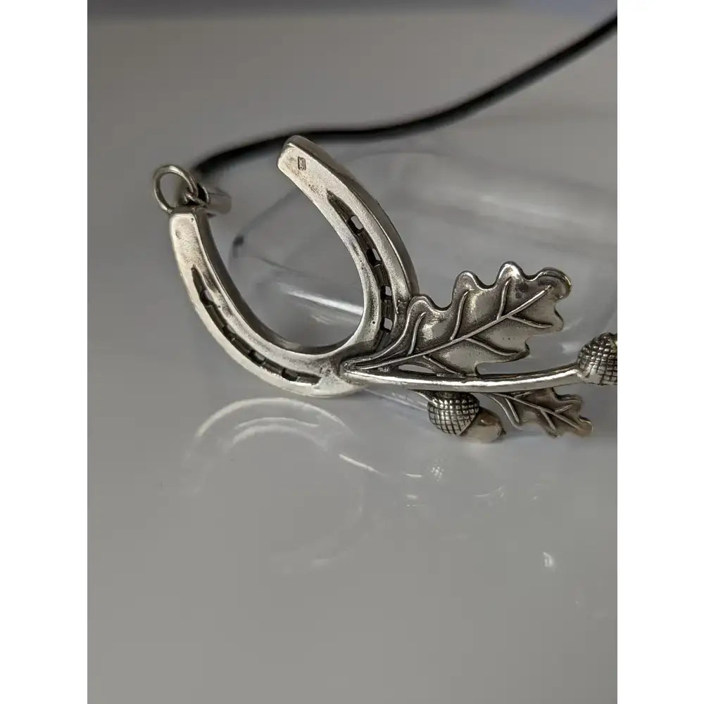 Silver steed big silver horseshoe pendant with oak leaves and acorns on cord equestrian necklace