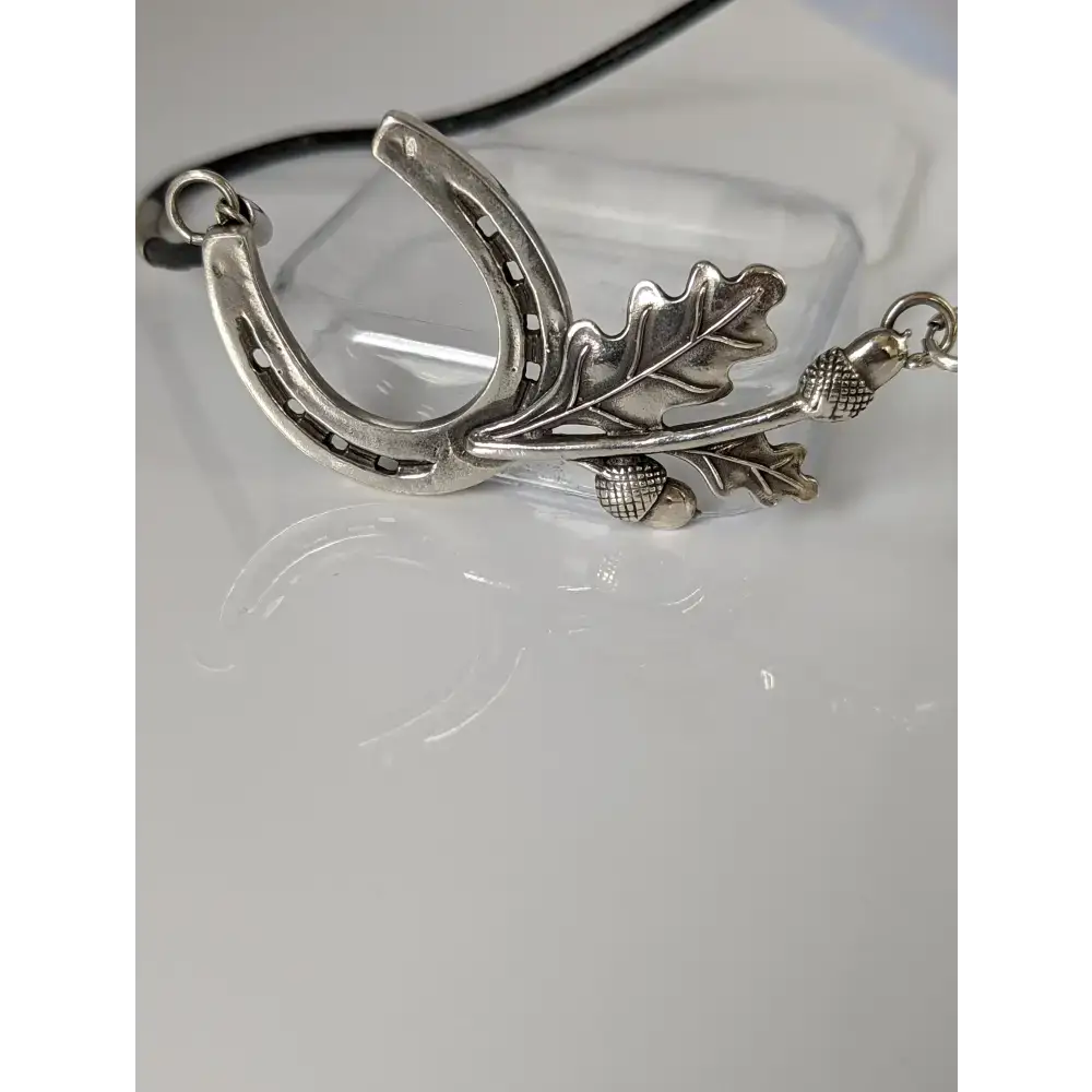 Silver Steed Big Horseshoe With Oak Leaves and Acorns On Cord Necklace Necklaces