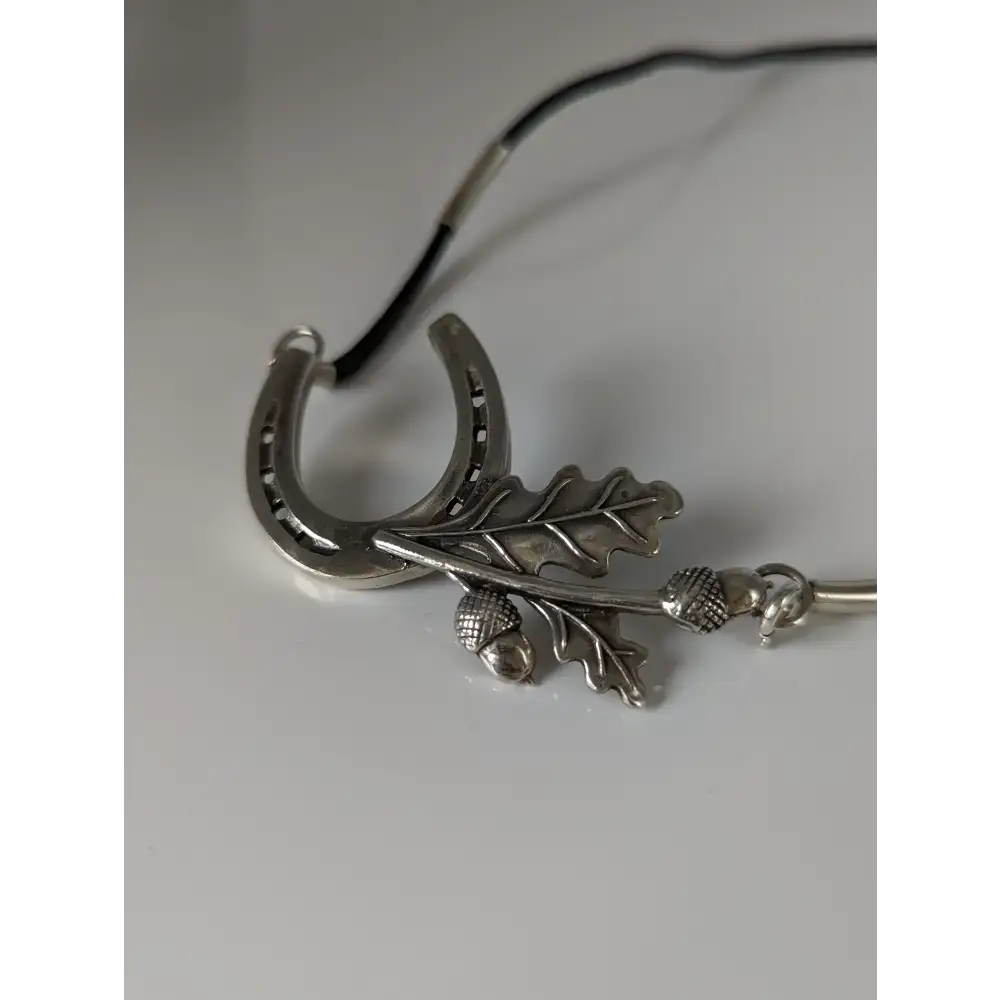Silver Steed Big Horseshoe With Oak Leaves and Acorns On Cord Necklace Necklaces