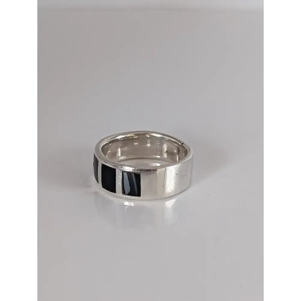 Silver steed black mass silver band ring with three rectangular black inlaid stones for equestrian jewelry fans