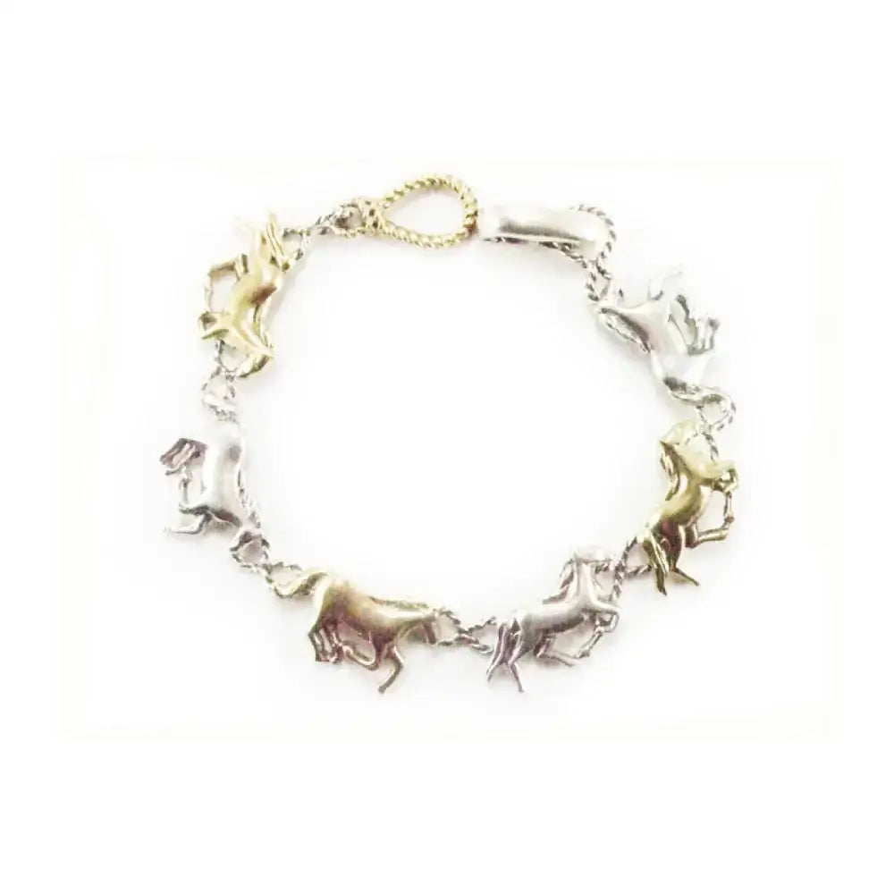 Silver steed two-tone silver and brass galloping horses bracelet with chain clasp showcasing horse-themed design