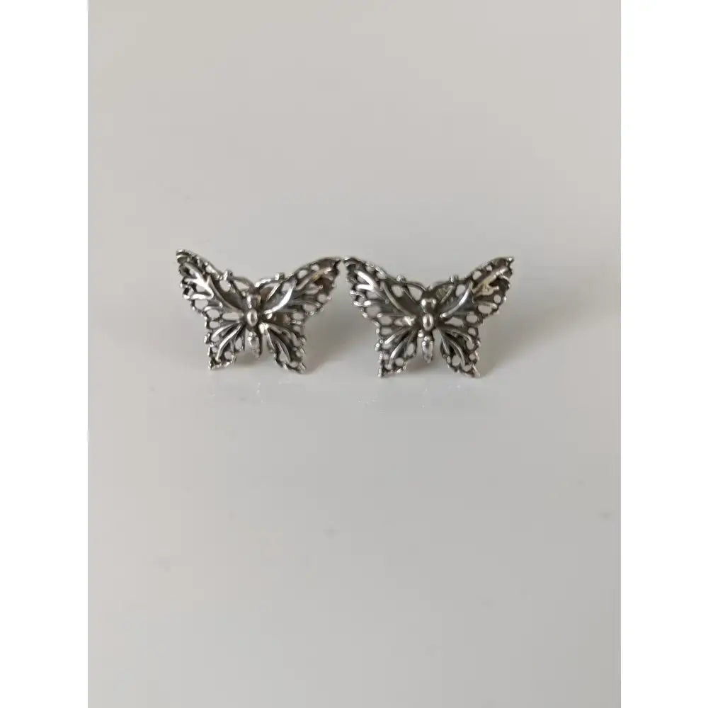 Silver steed butterfly stud earrings with intricate silver filigree lace detailing perfect for everyday wear