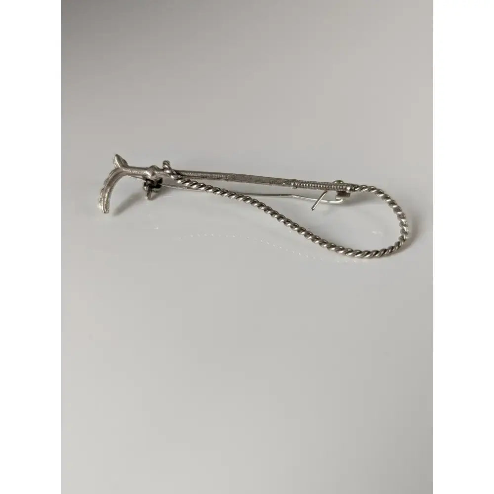 Silver steed cane brooch tie clip in silver with twisted rope chain and ornate curved handle handmade silver accessory