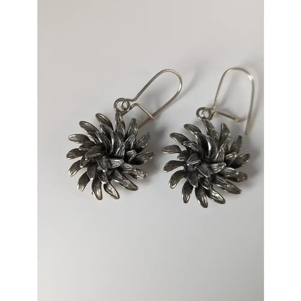 Silver steed chrysanthemum dropped earrings with handmade silver, layered chrysanthemum petals, and hook clasps