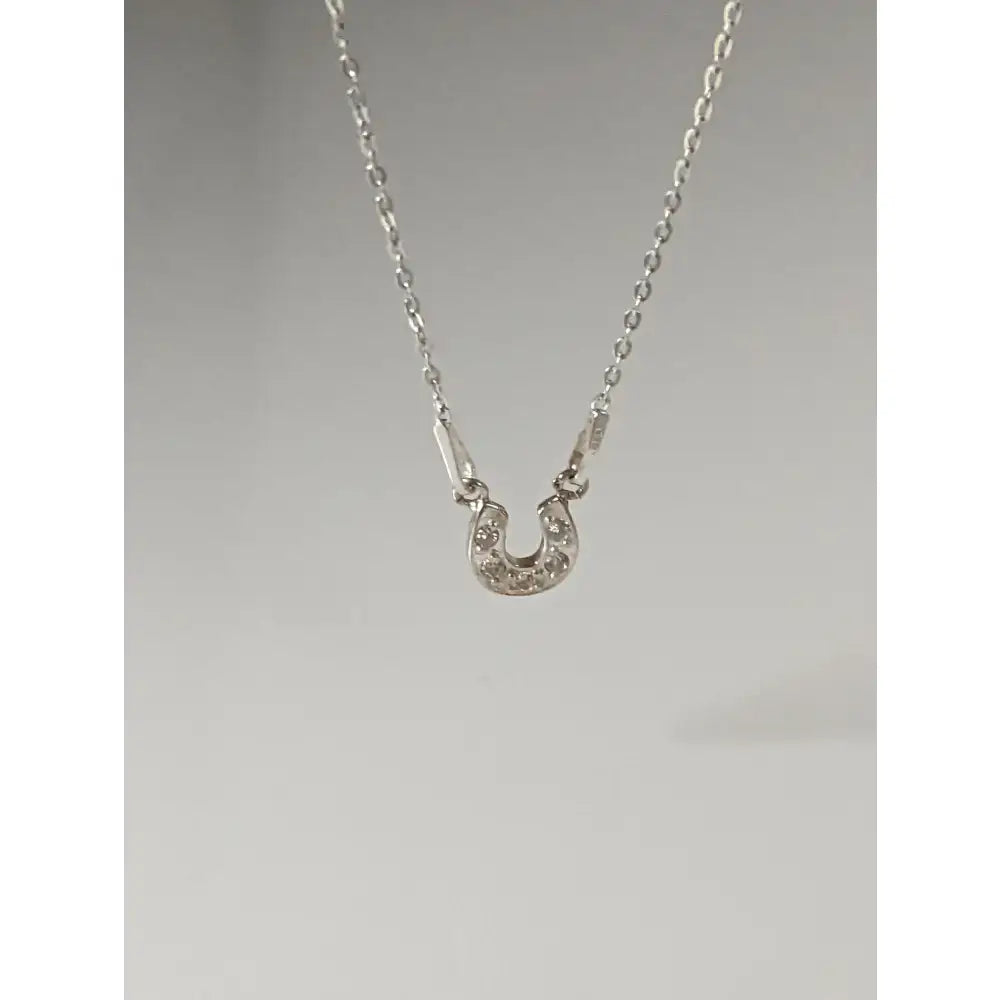 Delicate silver steed crystal horseshoe necklace with sparkling clear stones perfect for equestrian jewelry fans