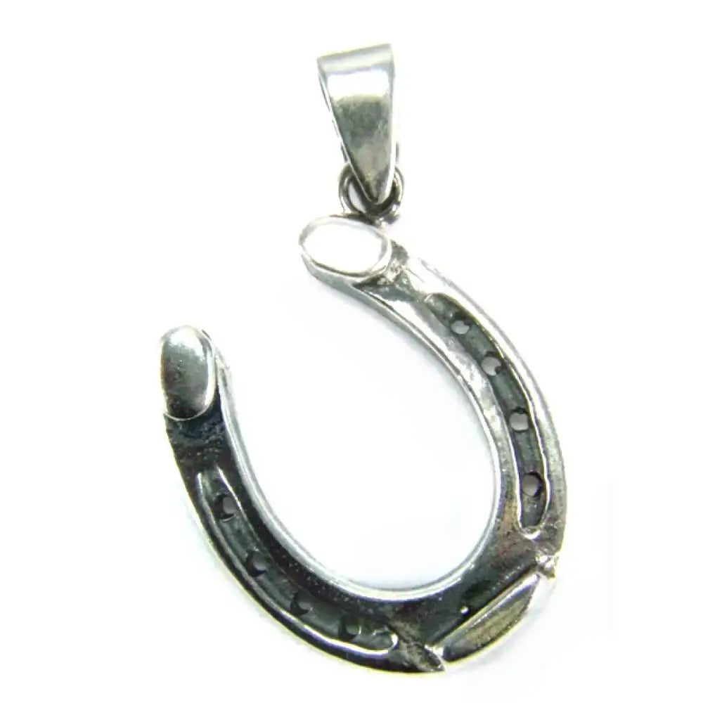 Silver steed pendant featuring a polished silver horseshoe jewelry design with small stones along its edge