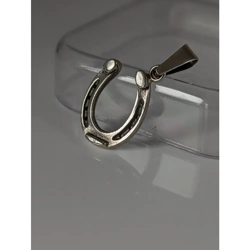 Silver steed pendant featuring a polished silver horseshoe jewelry piece with detailed nail head accents in equestrian silver