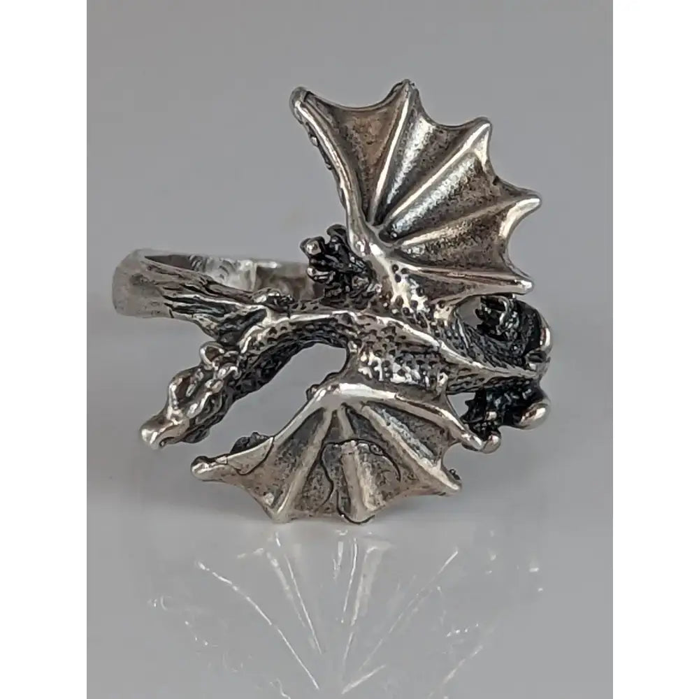 Silver steed fantasy sterling silver dragon ring with detailed wings and textured scales for fantasy lovers