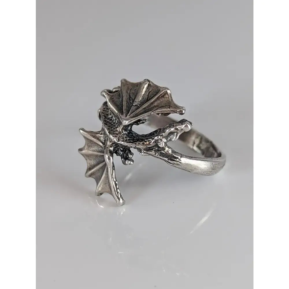 Silver steed fantasy sterling silver dragon ring with detailed wings and textured scales for fantasy lovers