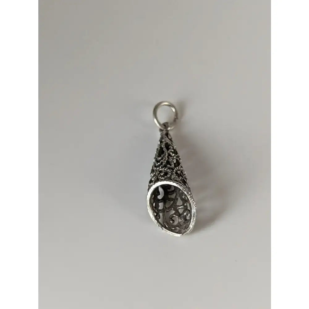 Silver steed filigree cone silver pendant shaped like a teardrop with intricate lace-like silver filigree design for equestrian jewelry