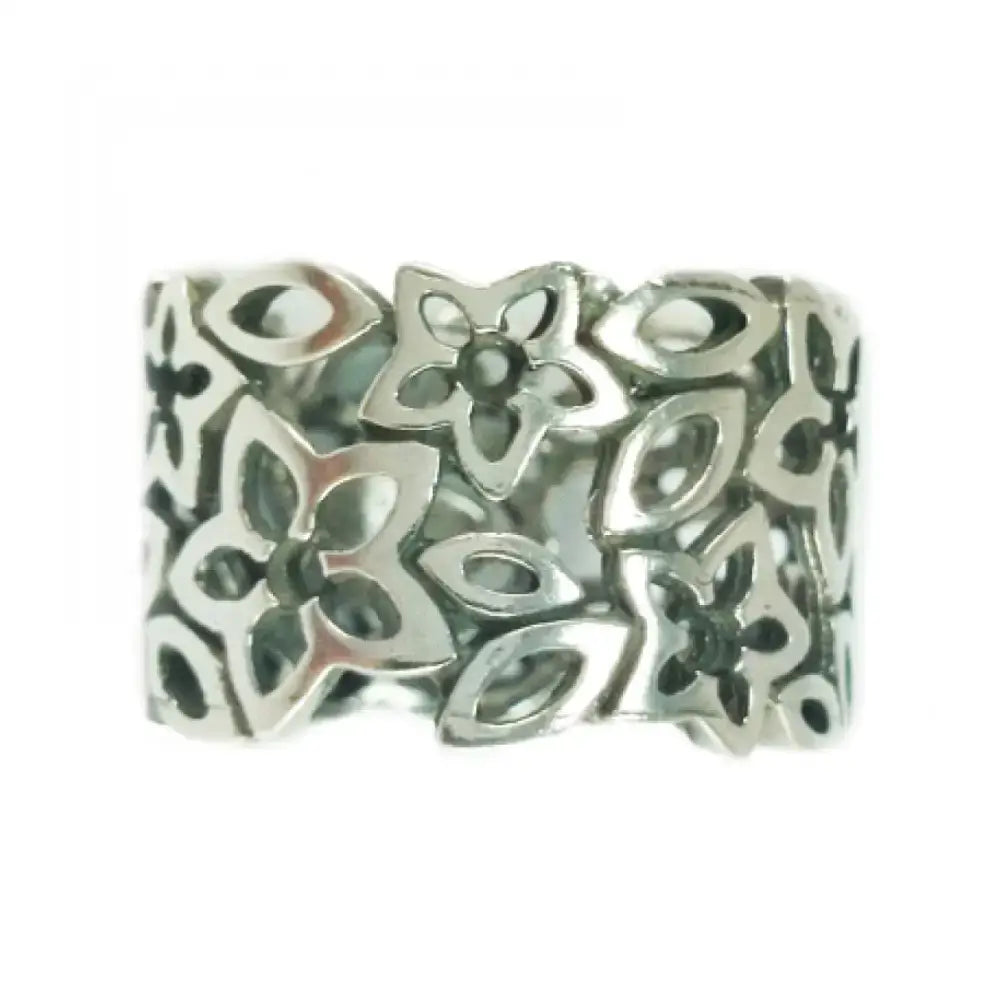 Silver steed filigree wide band ring with intricate openwork floral design in sterling silver