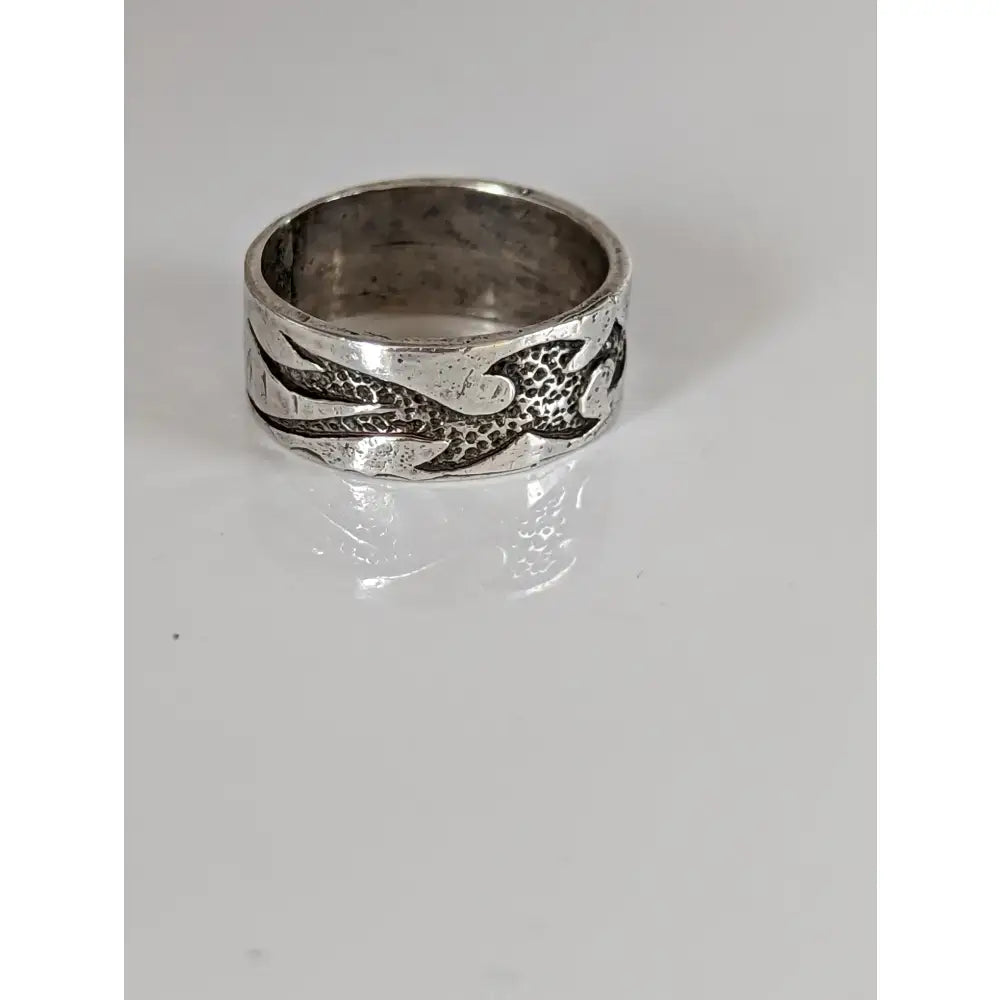 Silver steed flames ring silver band with intricate textured dragon design and flowing wings perfect equestrian jewelry
