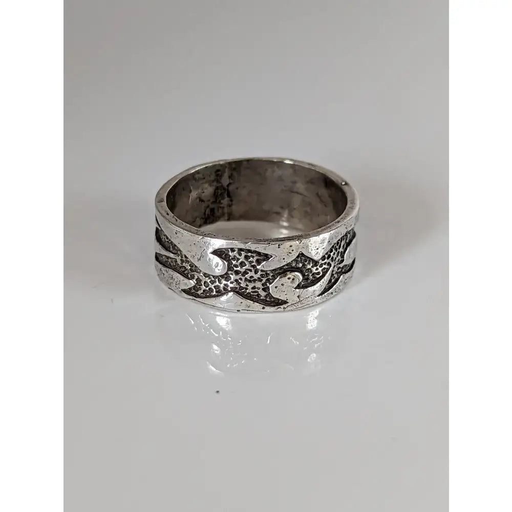 Silver steed flames ring silver band with intricate raised flame patterns and an antiqued finish for equestrian jewelry fans